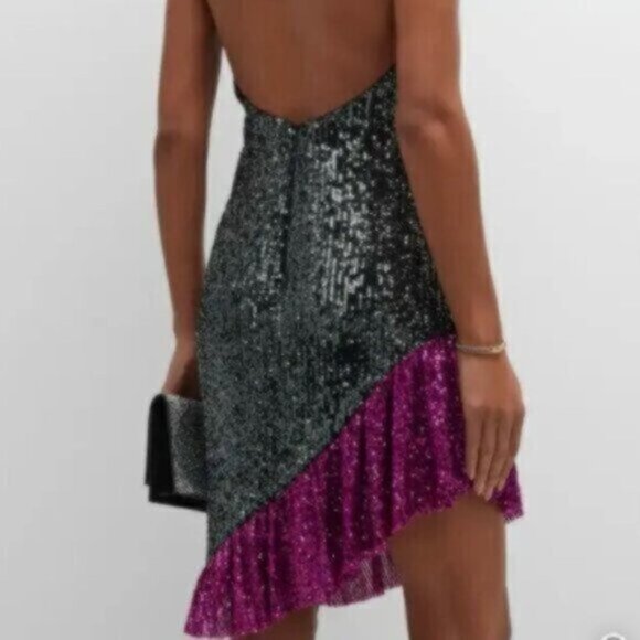 NWT One33 Social Black & Purple Sequin Colorblock Backless Halter Dress - Picture 5 of 13
